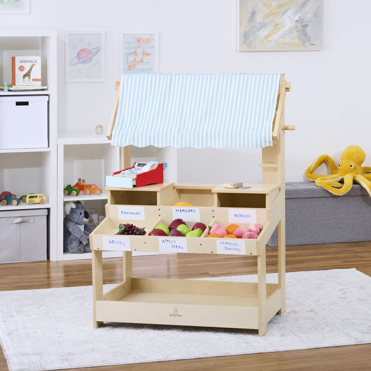 Three Little Tots Cypress Wooden Market Stand Pretend Play Shop for Kids with Storage, additional product photo