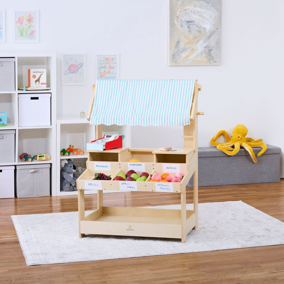 Three Little Tots Cypress Wooden Market Stand Pretend Play Shop for Kids with Storage, fourth additional photo