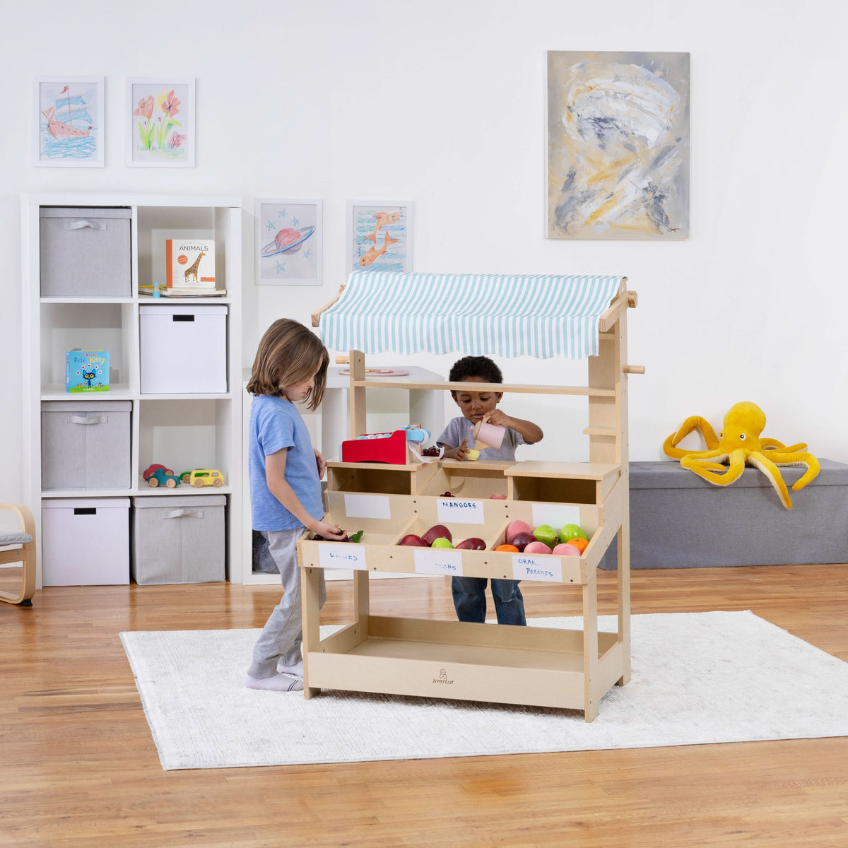 Three Little Tots Cypress Wooden Market Stand Pretend Play Shop for Kids with Storage, additional view