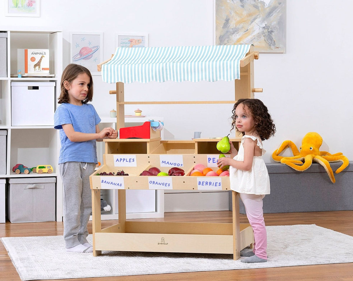Three Little Tots Cypress Wooden Market Stand Pretend Play Shop for Kids with Storage