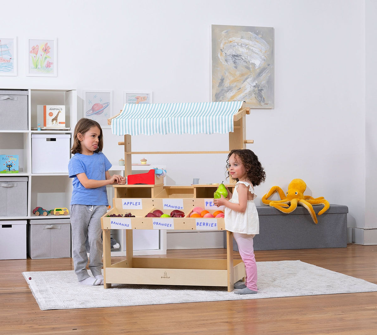 Three Little Tots Cypress Wooden Market Stand Pretend Play Shop for Kids with Storage, additional product photo