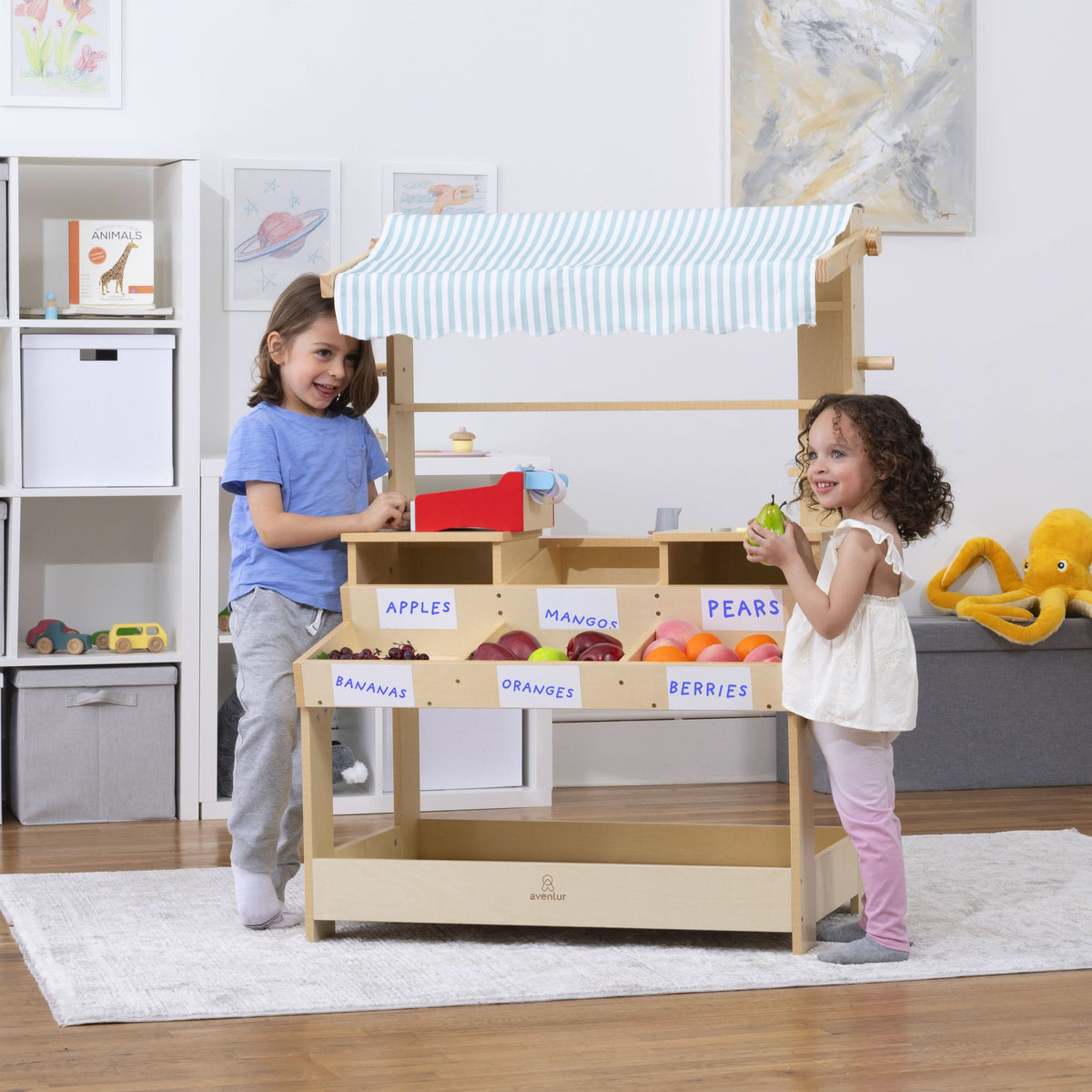 Three Little Tots Cypress Wooden Market Stand Pretend Play Shop for Kids with Storage, third additional photo