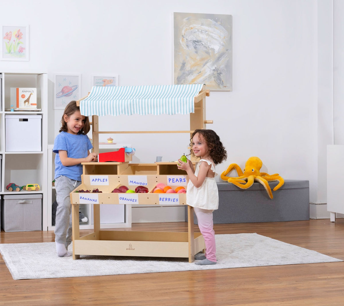 Three Little Tots Cypress Wooden Market Stand Pretend Play Shop for Kids with Storage, fifth additional photo
