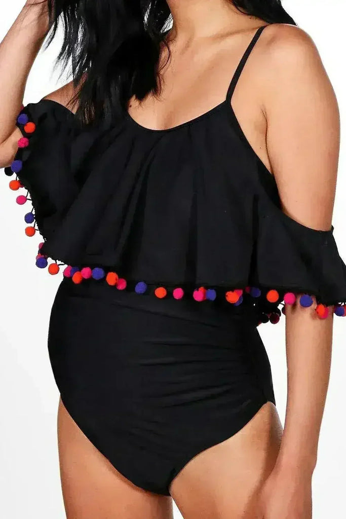 Black Cold Shoulder Pom Pom Maternity One Piece Swimsuit