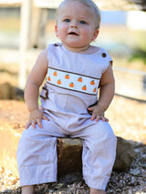 Three Little Tots Fall Halloween and Thanksgiving Pumpkin Smock Embroidered Boys Romper