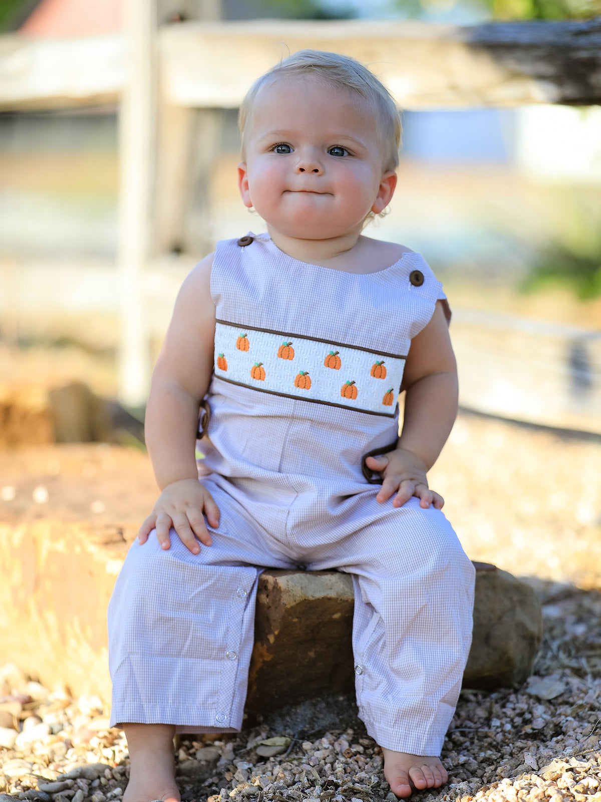 Three Little Tots Fall Halloween and Thanksgiving Pumpkin Smock Embroidered Boys Romper, extra product detail
