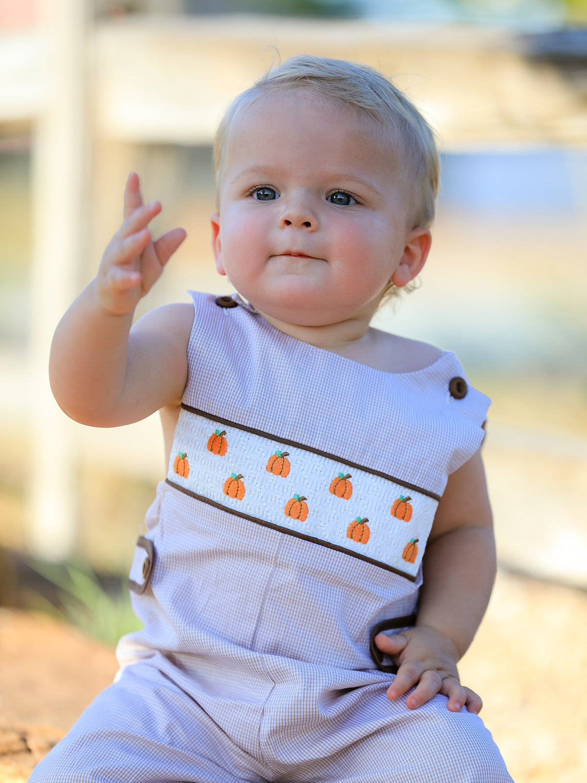 Three Little Tots Fall Halloween and Thanksgiving Pumpkin Smock Embroidered Boys Romper, additional view