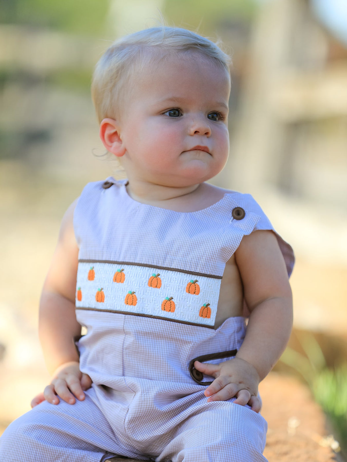 Three Little Tots Fall Halloween and Thanksgiving Pumpkin Smock Embroidered Boys Romper, alternate angle
