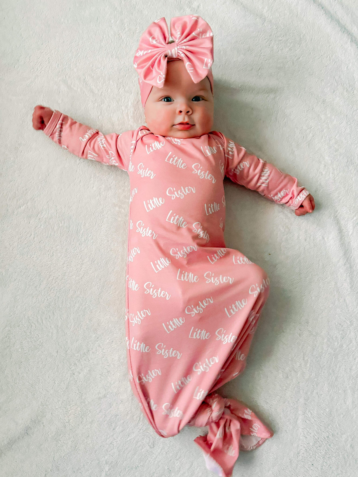 Three Little Tots Little sister knotted gown and headband set, alternate angle