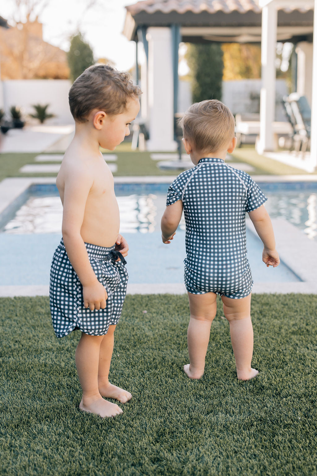 Three Little Tots Navy Gingham Swim Shorts, another angle