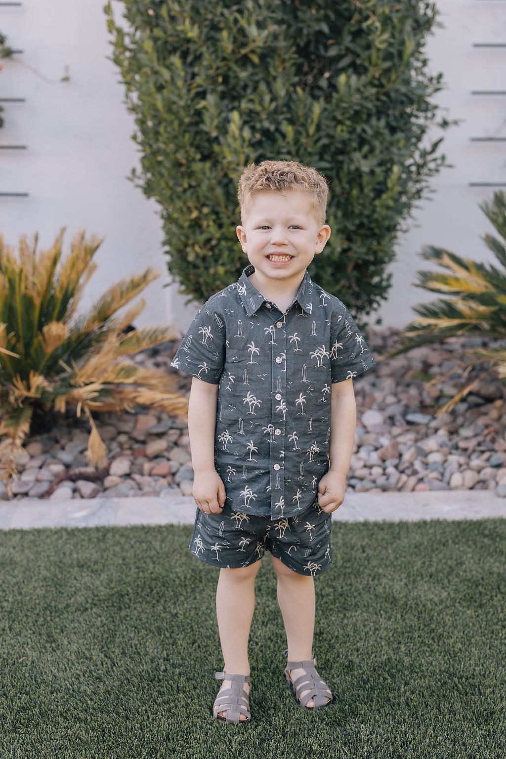 Three Little Tots Navy Surfer Linen Button Up Shirt, alternate angle