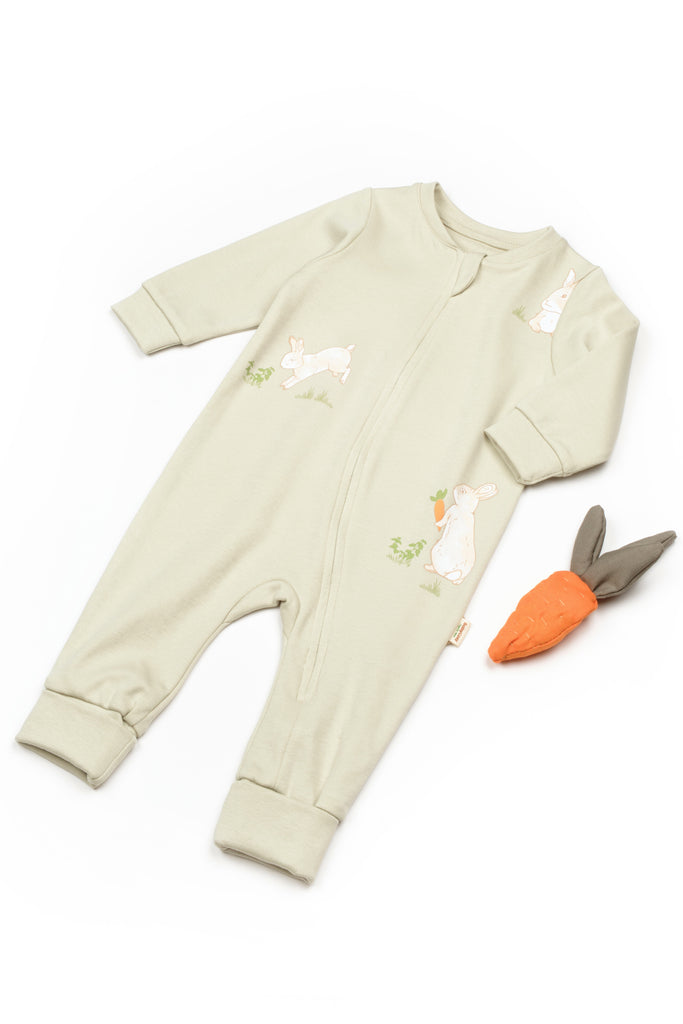 Baby romper with carrot toy on a white background
