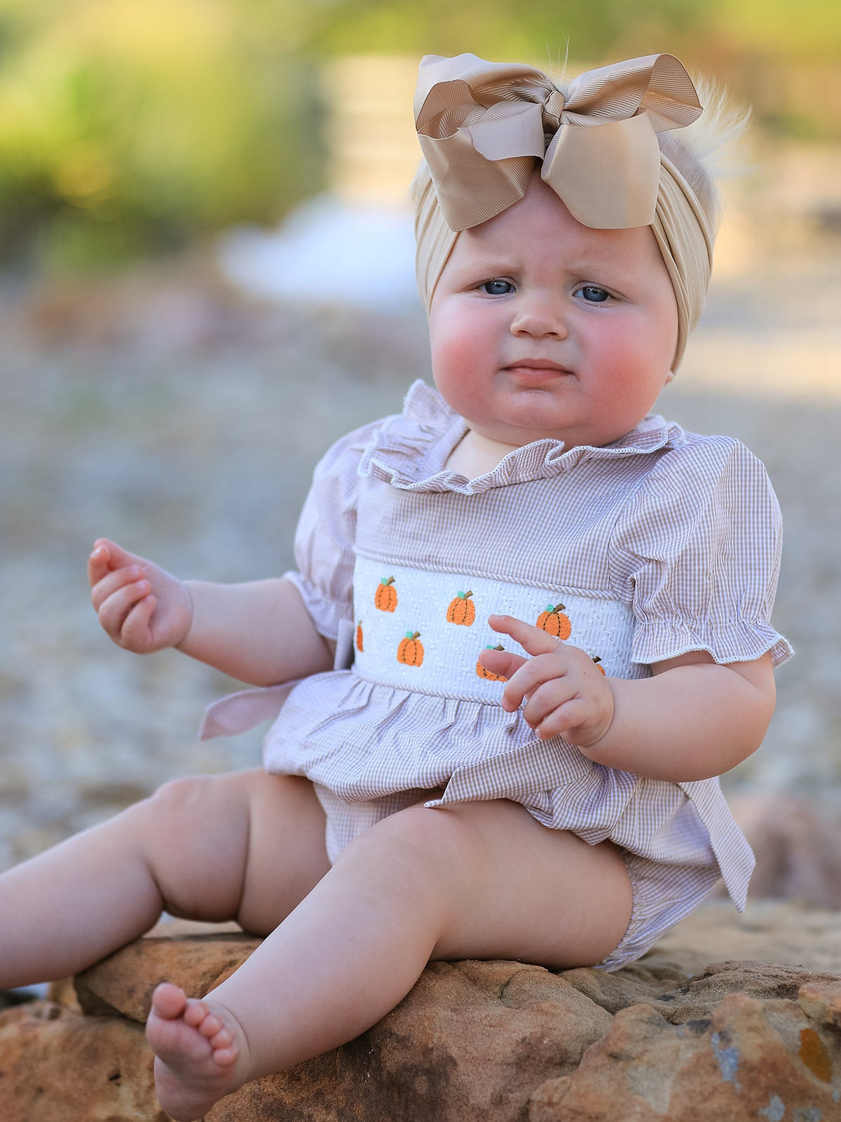 Three Little Tots Fall Halloween and Thanksgiving Pumpkin Embroidery Smock Plaid Baby Girl Romper, additional product photo