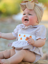 Three Little Tots Fall Halloween and Thanksgiving Pumpkin Embroidery Smock Plaid Baby Girl Romper, alternate angle