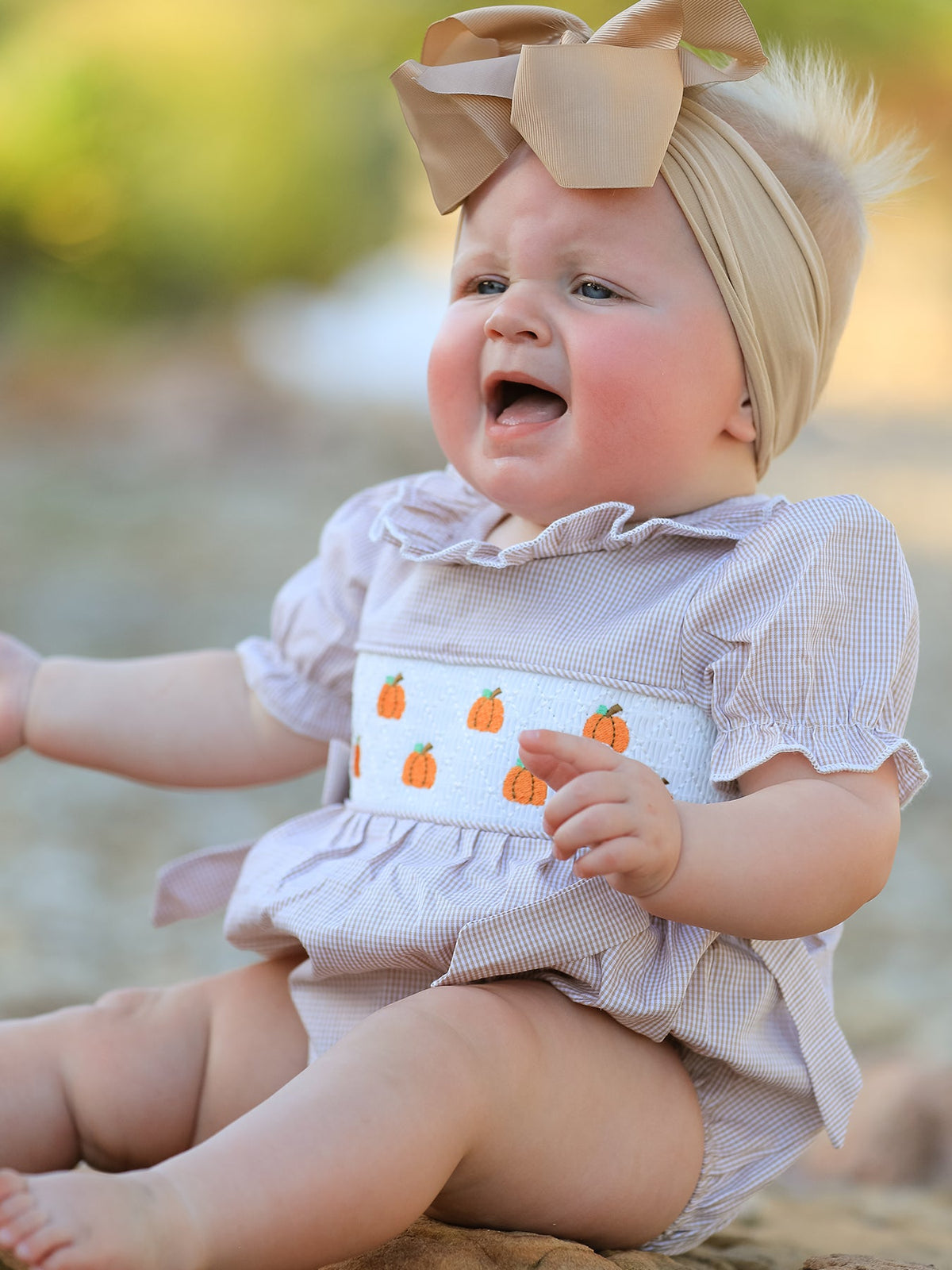 Three Little Tots Fall Halloween and Thanksgiving Pumpkin Embroidery Smock Plaid Baby Girl Romper, alternate angle