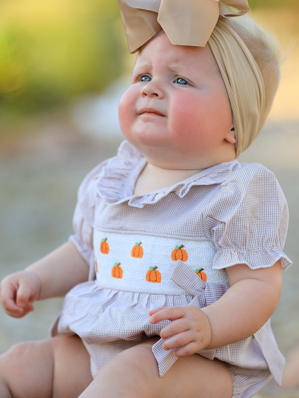 Three Little Tots Fall Halloween and Thanksgiving Pumpkin Embroidery Smock Plaid Baby Girl Romper