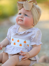 Three Little Tots Fall Halloween and Thanksgiving Pumpkin Embroidery Smock Plaid Baby Girl Romper, additional view