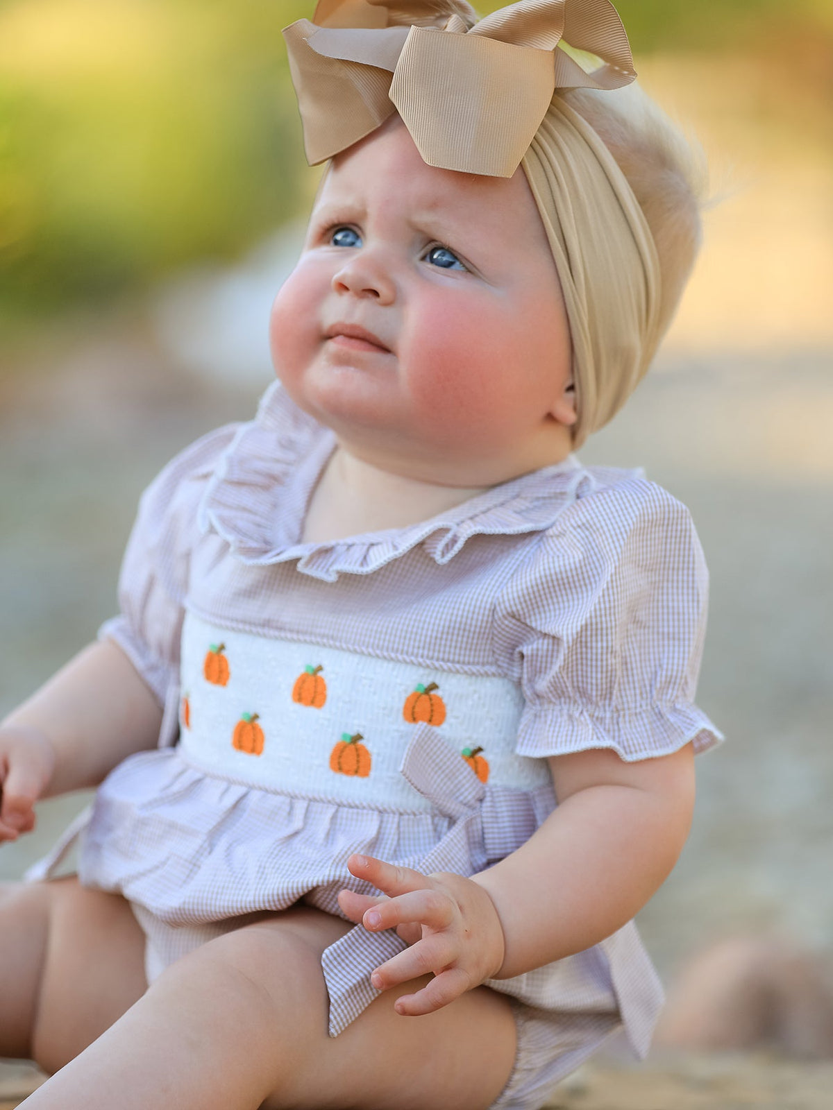 Three Little Tots Fall Halloween and Thanksgiving Pumpkin Embroidery Smock Plaid Baby Girl Romper, additional view