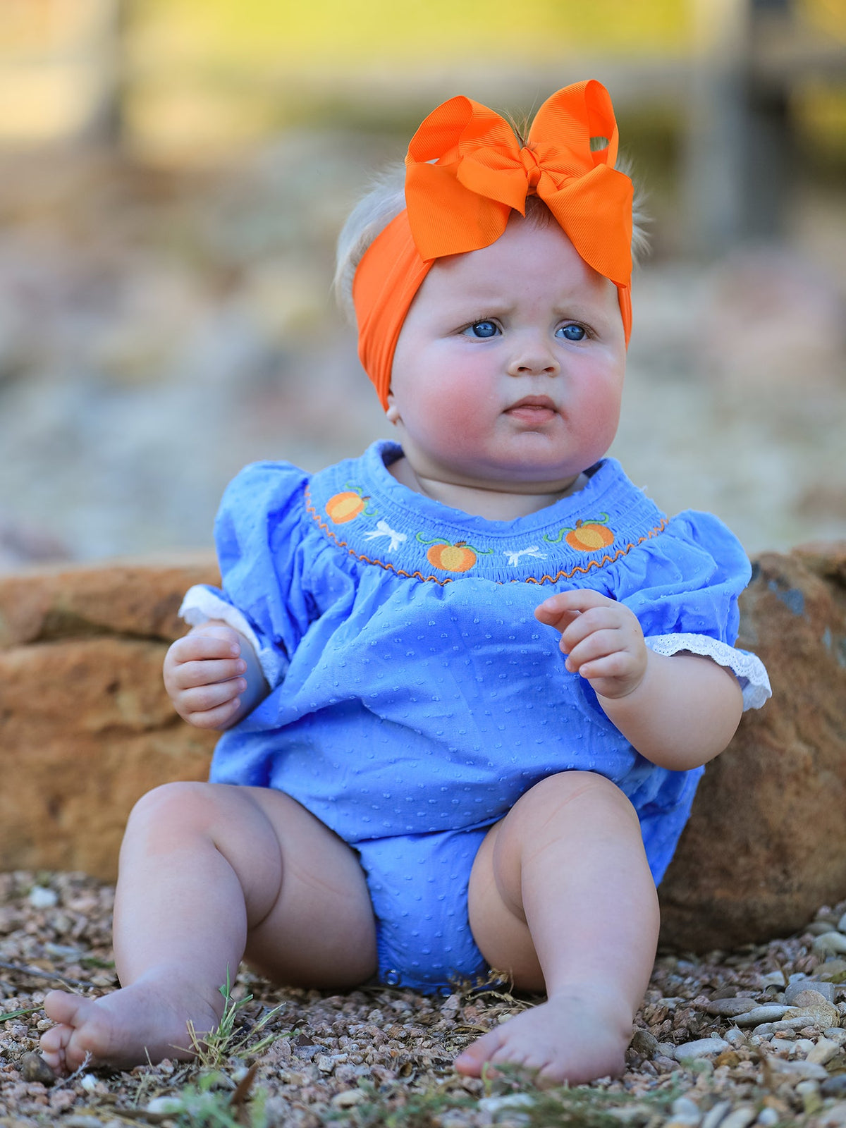 Three Little Tots Halloween Thanksgiving Pumpkin Smocked Bubble Romper