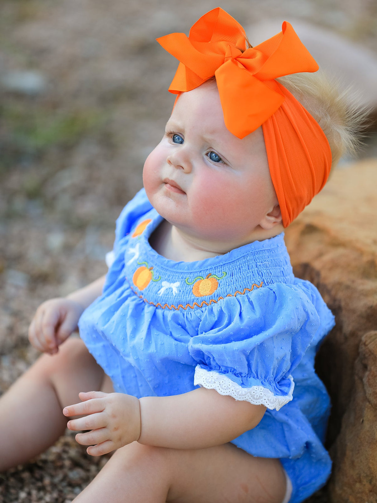 Three Little Tots Halloween Thanksgiving Pumpkin Smocked Bubble Romper, additional view