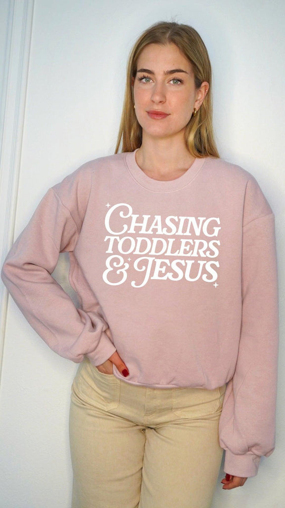 Chasing Toddler and Jesus Christian Mom Faith Bible Women's Slightly Cropped Sweatshirt