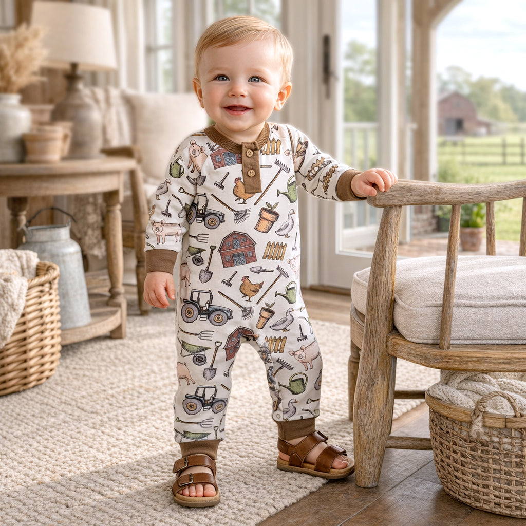 Three Little Tots Farmer's Market Baby Henley Romper - Bamboo One Piece, additional product photo