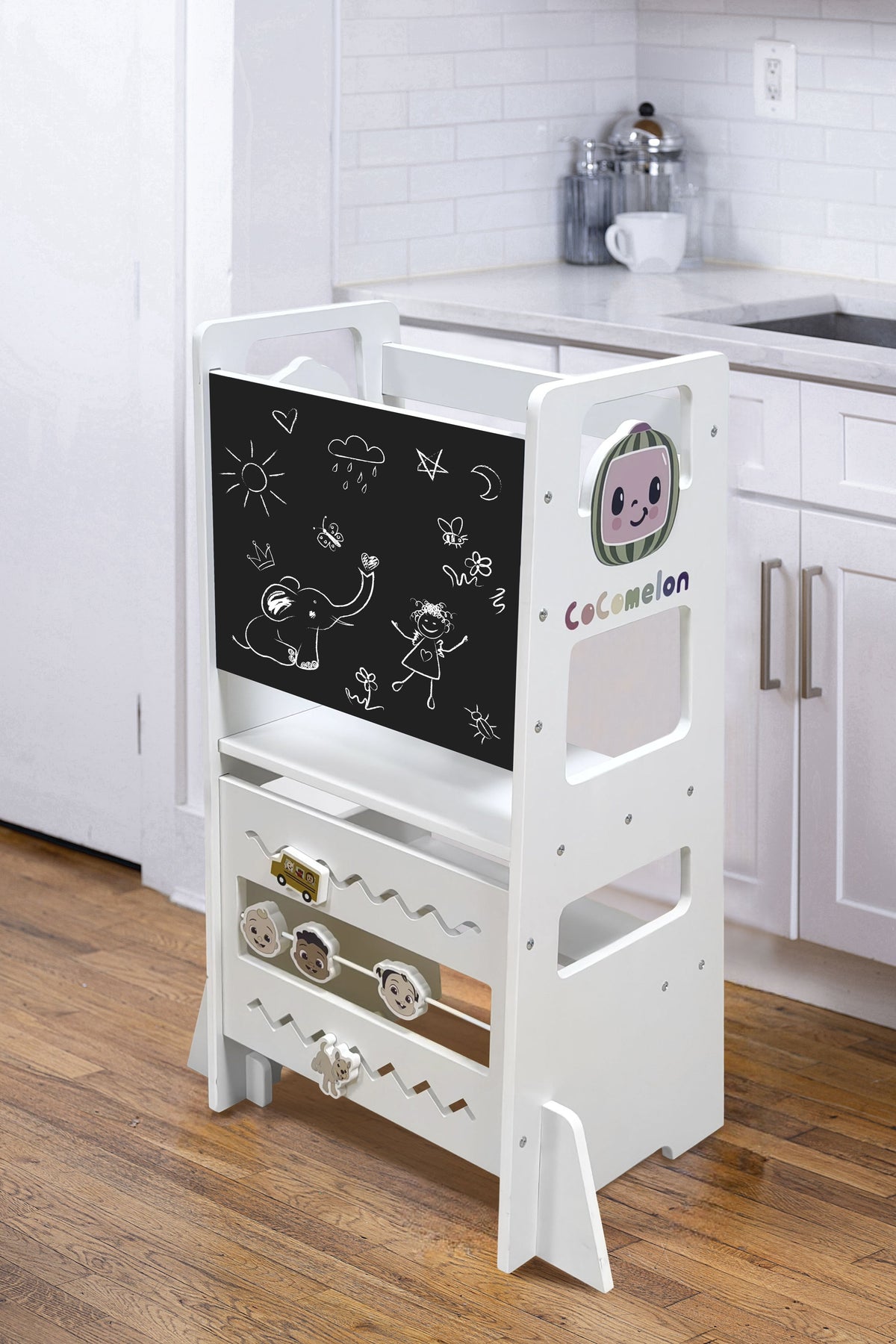 Three Little Tots Date CocoMelon 3-in-1 Kitchen Tower for Kids Step Stool and Chalkboard Learning Helper