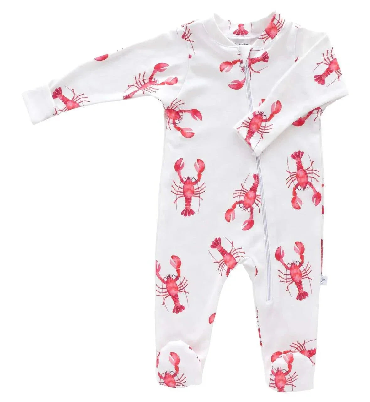 White baby onesie with red lobster pattern on a white background