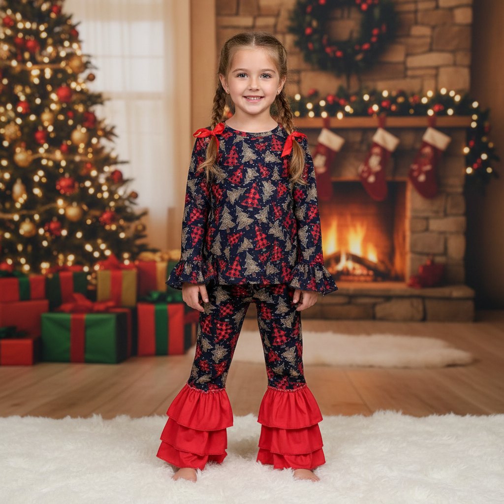 Buffalo Plaid trio trees two piece ruffle set