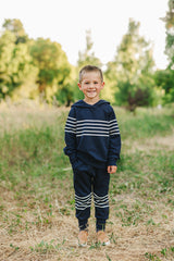 Navy Stripes Hooded French Terry Set