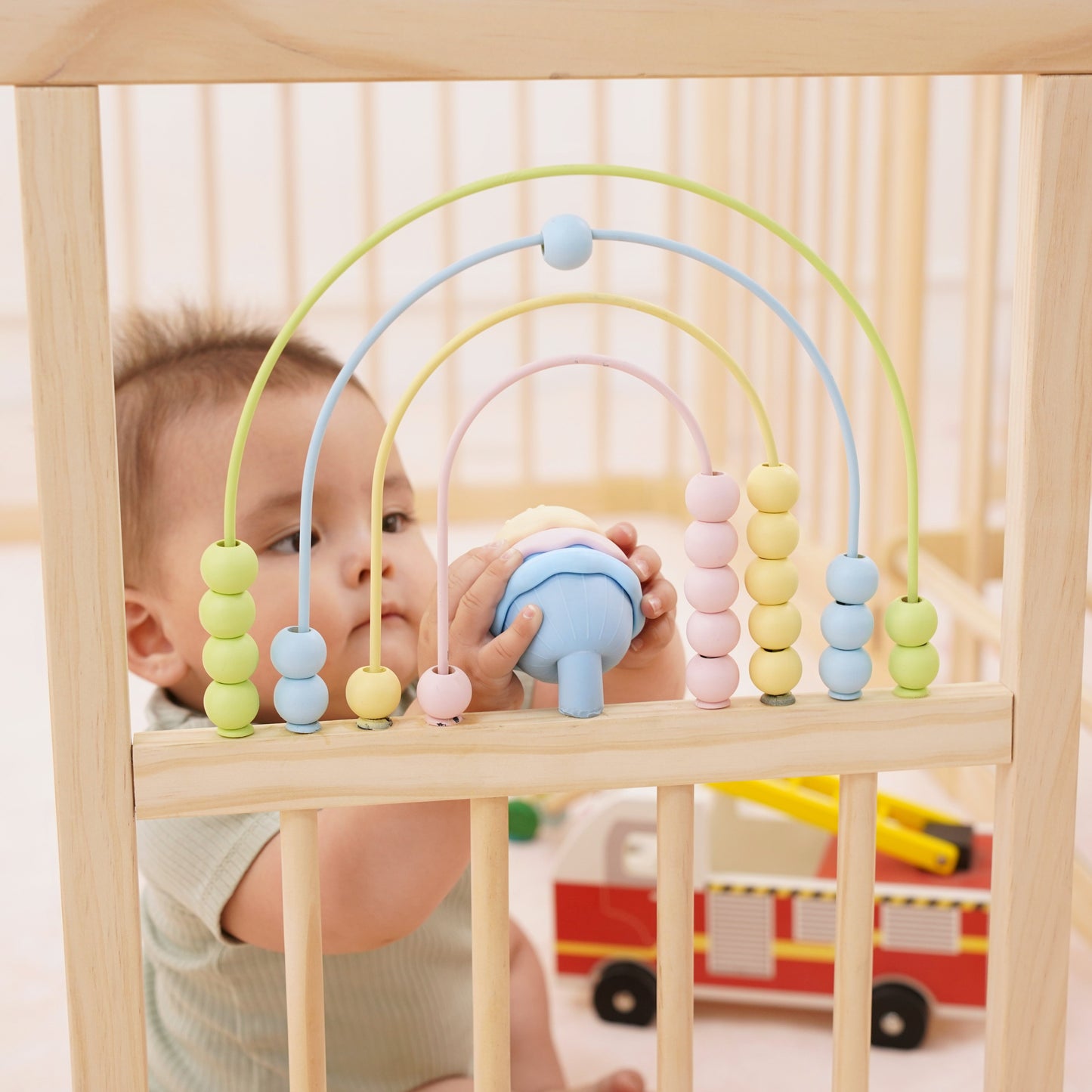 Three Little Tots Wooden Baby Playpen with Mirror and Whiteboard Panel Foldable 63 x 63 Montessori S, another angle