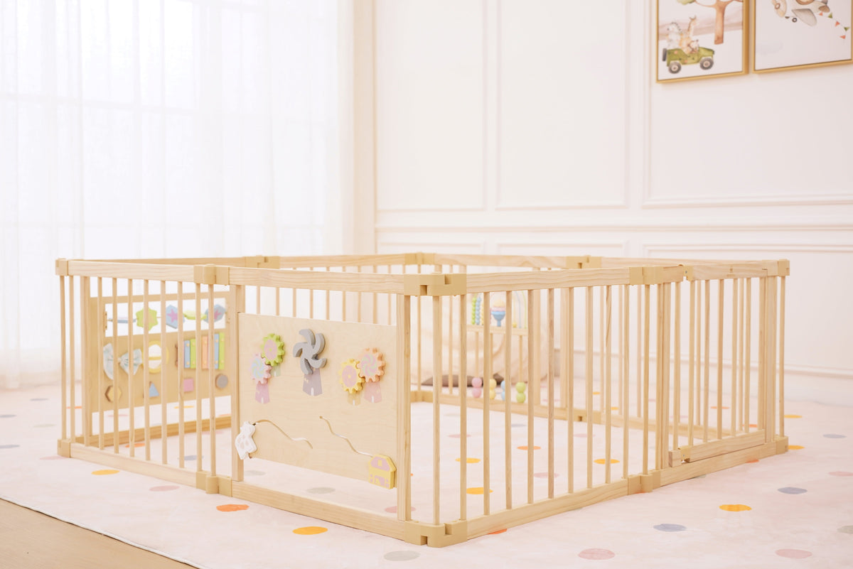 Three Little Tots Wooden Baby Playpen with Sensory Activity Panels 63 x 63 Square Foldable Indoor Play Yard with Montessori T