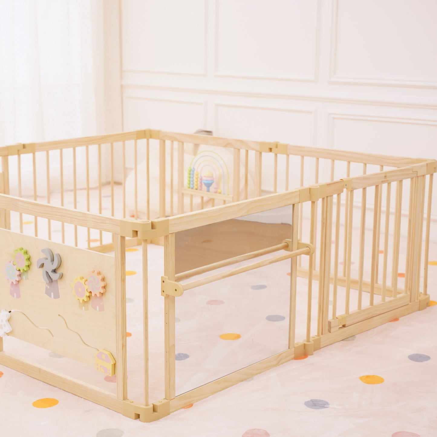 Three Little Tots Wooden Baby Playpen with Mirror and Whiteboard Panel Foldable 63 x 63 Montessori S, additional product phot