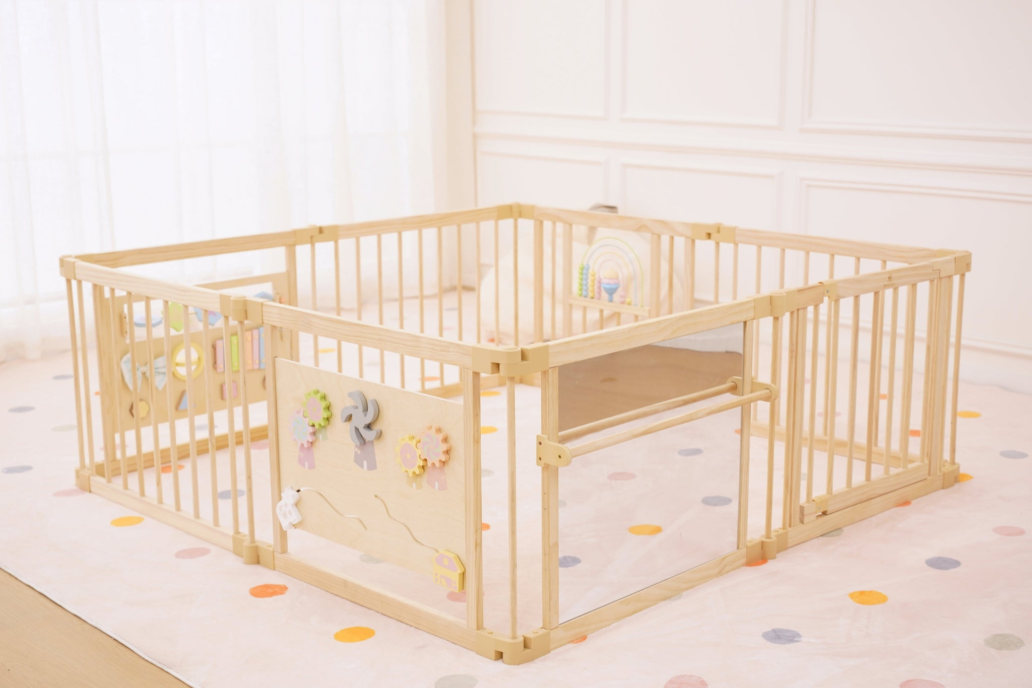 Three Little Tots Wooden Baby Playpen with Mirror and Whiteboard Panel Foldable 63 x 63 Montessori S, fourth additional photo