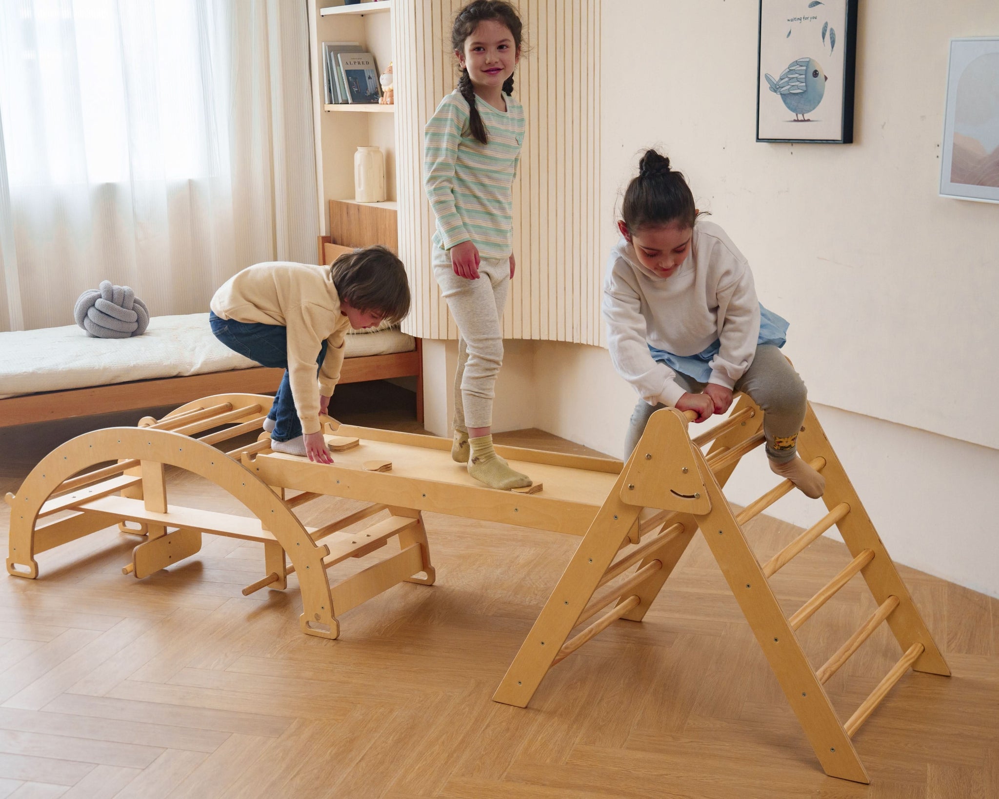 Three Little Tots Bazel 6-in-1 Pikler Climber Set Wooden Triangle Rocker Arch and Slide for Toddlers, additional product phot