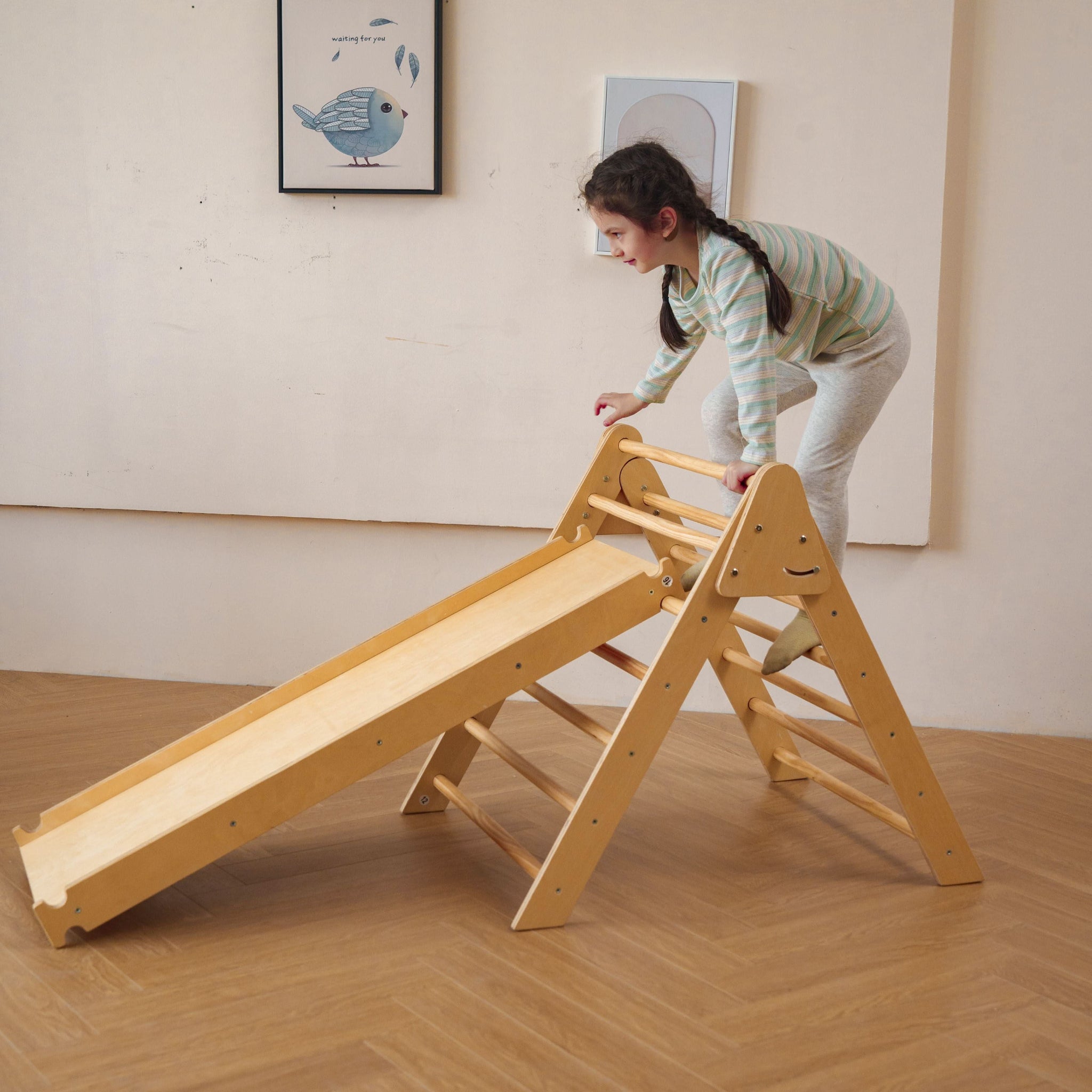 Three Little Tots Bazel 6-in-1 Pikler Climber Set Wooden Triangle Rocker Arch and Slide for Toddlers, supplementary photo