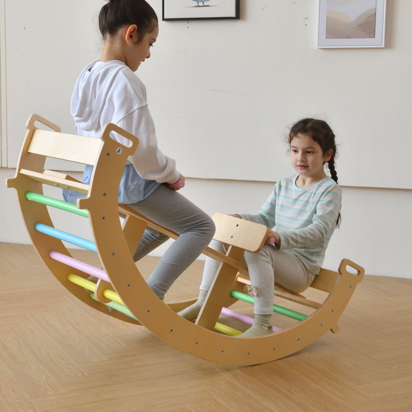 Three Little Tots Bazel 6-in-1 Pikler Climber Set Wooden Triangle Rocker Arch and Slide for Toddlers, alternate angle
