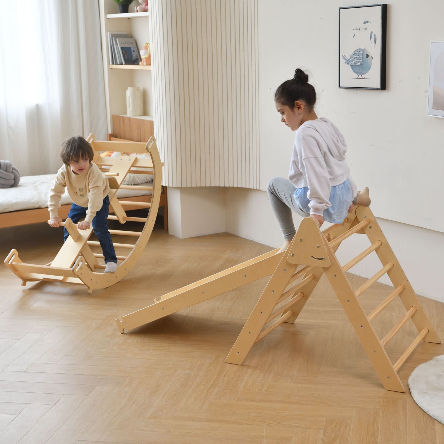 Three Little Tots Bazel 6-in-1 Pikler Climber Set Wooden Triangle Rocker Arch and Slide for Toddlers