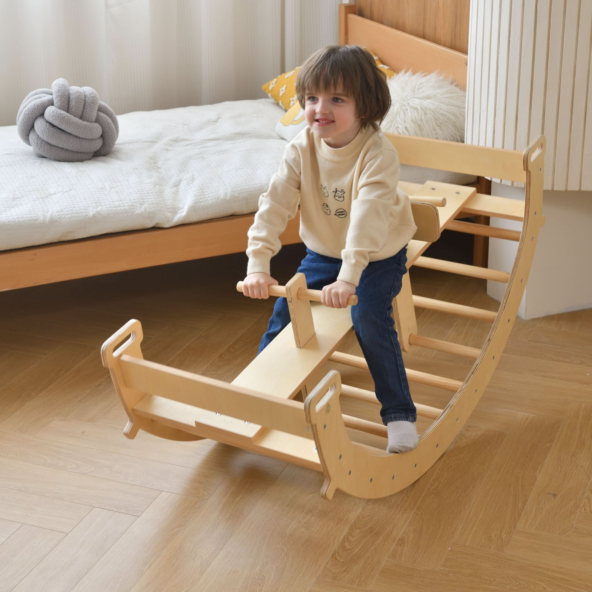 Three Little Tots Bazel 6-in-1 Pikler Climber Set Wooden Triangle Rocker Arch and Slide for Toddlers, extra product detail
