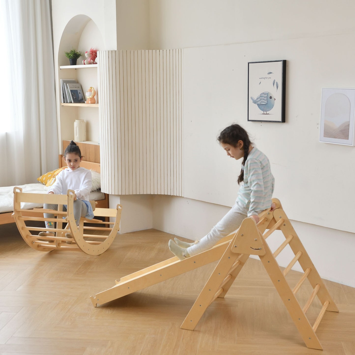 Three Little Tots Bazel 6-in-1 Pikler Climber Set Wooden Triangle Rocker Arch and Slide for Toddlers, fourth additional photo