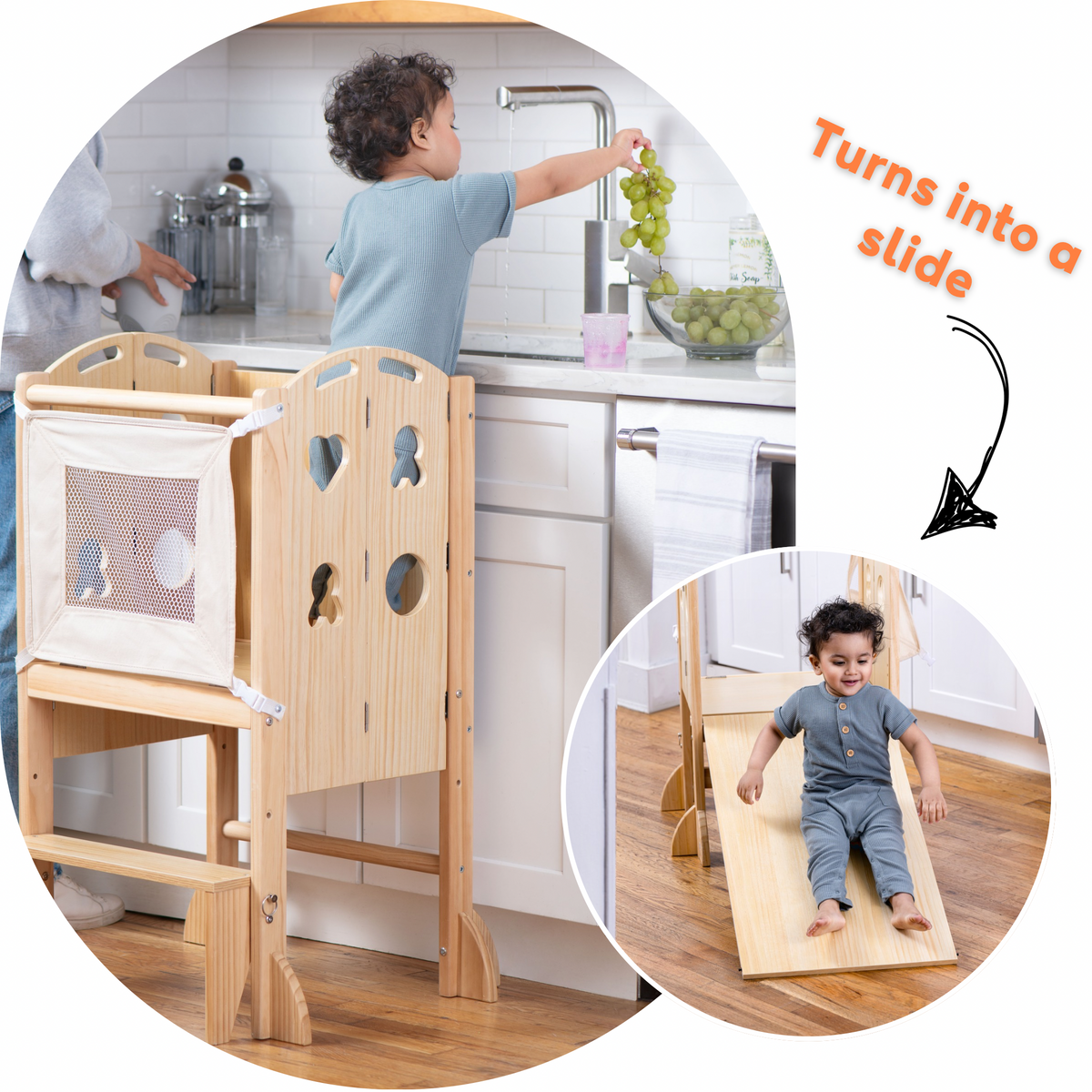 Three Little Tots Laurel 4-in-1 Foldable Kitchen Tower Step Stool Slide and Chalkboard for Toddlers