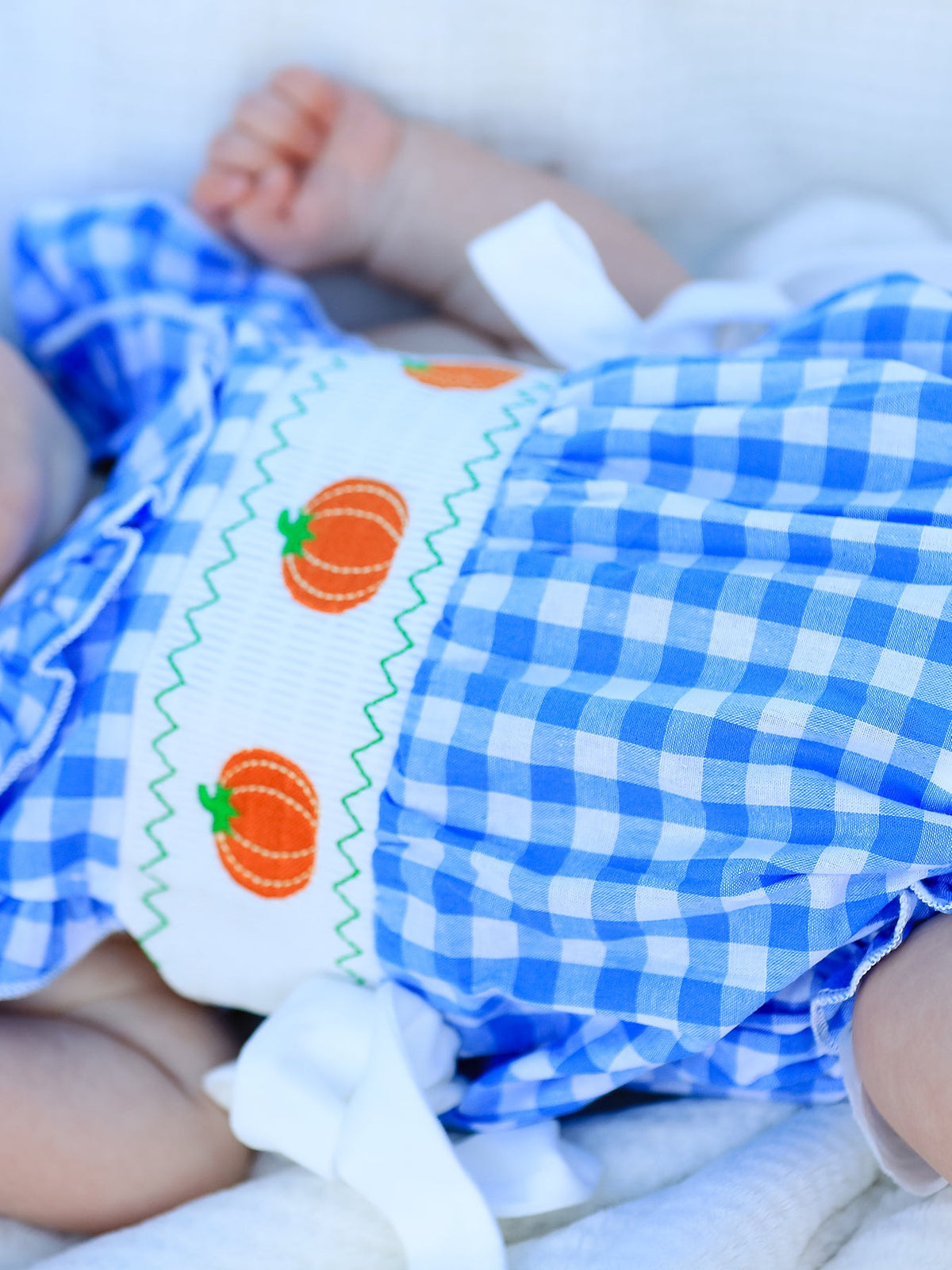 Three Little Tots Fall Thanksgivingand Halloween Blue Pumpkin Smock Embroidery Baby Girl Romper, alternate angle