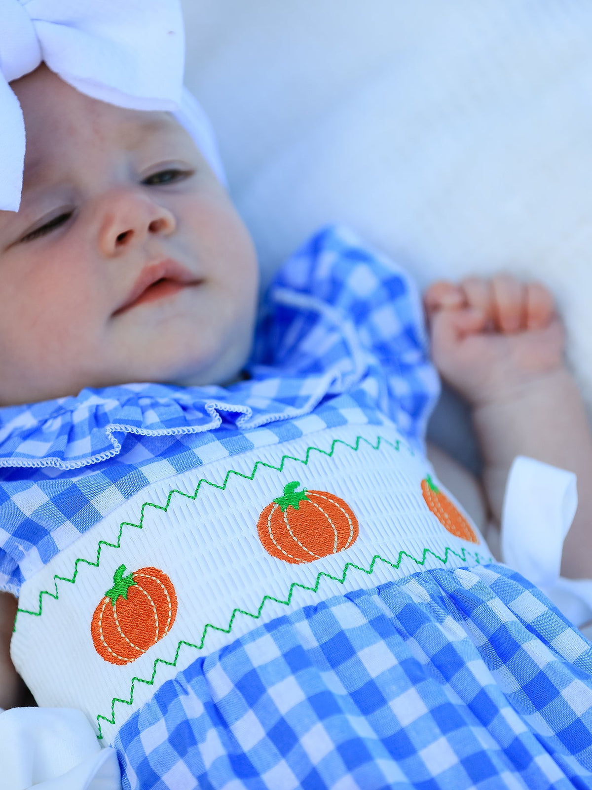 Three Little Tots Fall Thanksgivingand Halloween Blue Pumpkin Smock Embroidery Baby Girl Romper, additional view
