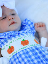 Three Little Tots Fall Thanksgivingand Halloween Blue Pumpkin Smock Embroidery Baby Girl Romper, additional view