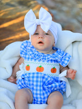 Three Little Tots Fall Thanksgivingand Halloween Blue Pumpkin Smock Embroidery Baby Girl Romper, additional product photo