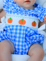 Three Little Tots Fall Thanksgivingand Halloween Blue Pumpkin Smock Embroidery Baby Girl Romper, extra product detail