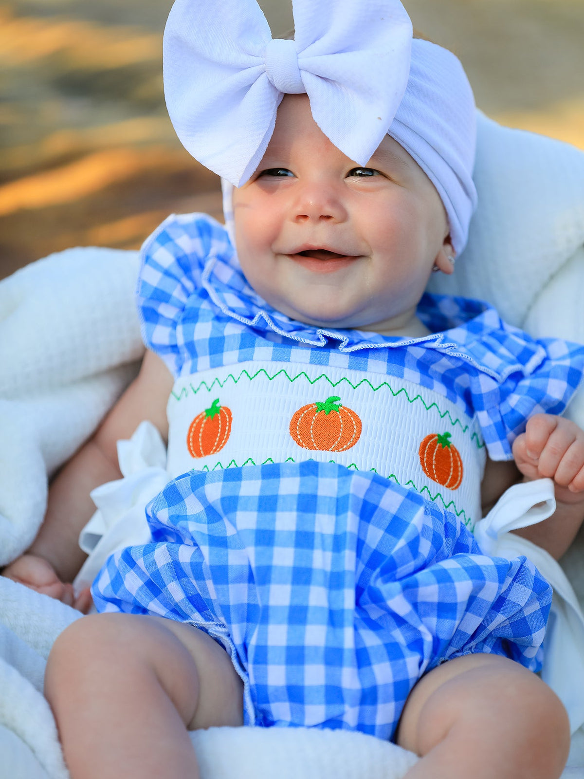 Three Little Tots Fall Thanksgivingand Halloween Blue Pumpkin Smock Embroidery Baby Girl Romper