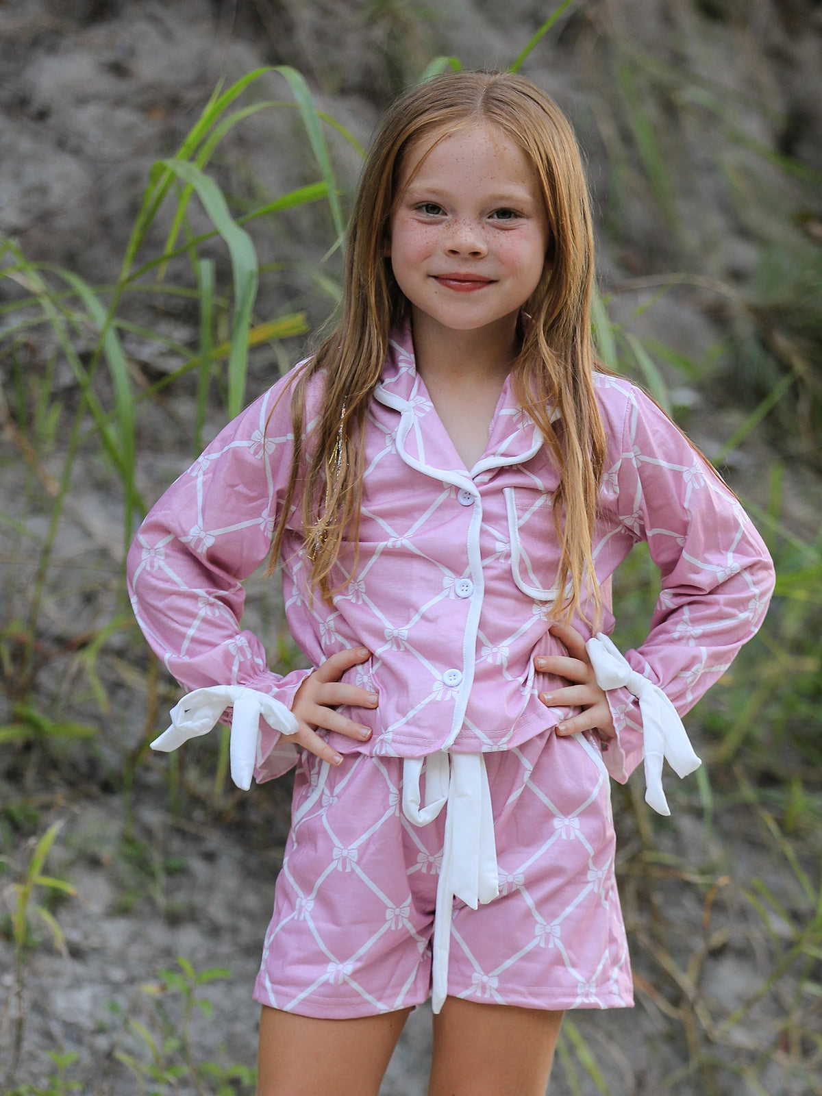 Three Little Tots Mommy and me Autumn Check Bow Girls Lapel Pajamas, alternate angle