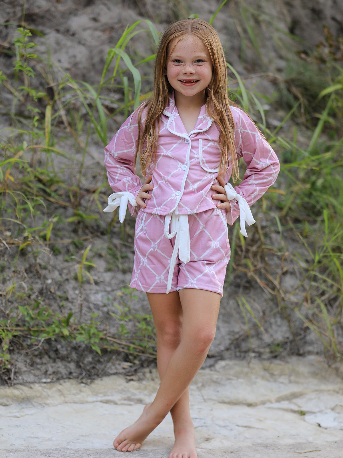 Three Little Tots Mommy and me Autumn Check Bow Girls Lapel Pajamas, additional product photo