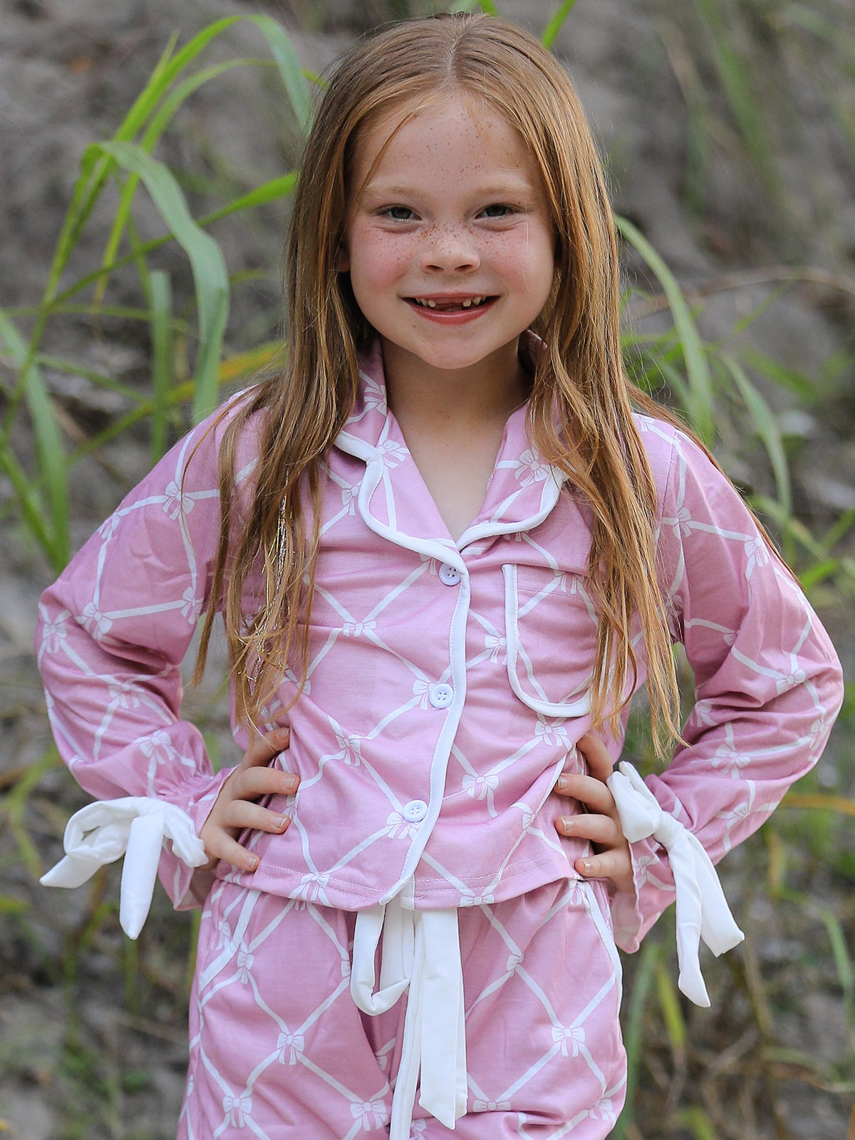 Three Little Tots Mommy and me Autumn Check Bow Girls Lapel Pajamas, additional view
